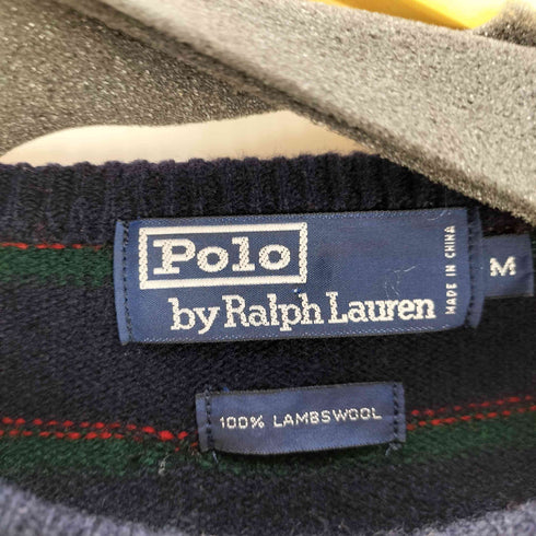 ポロバイラルフローレン Polo by RALPH LAUREN 90S ポニー刺繍 LAMBSWOOL 100% ラムウール リブ編み マルチボーダー プルオーバー ニット セーター メンズ import:M